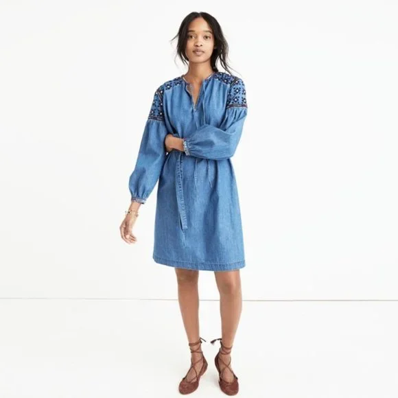 Madewell | Dresses | Madewell Embroidered Tealeaf Denim Dress Size Small |  Poshmark